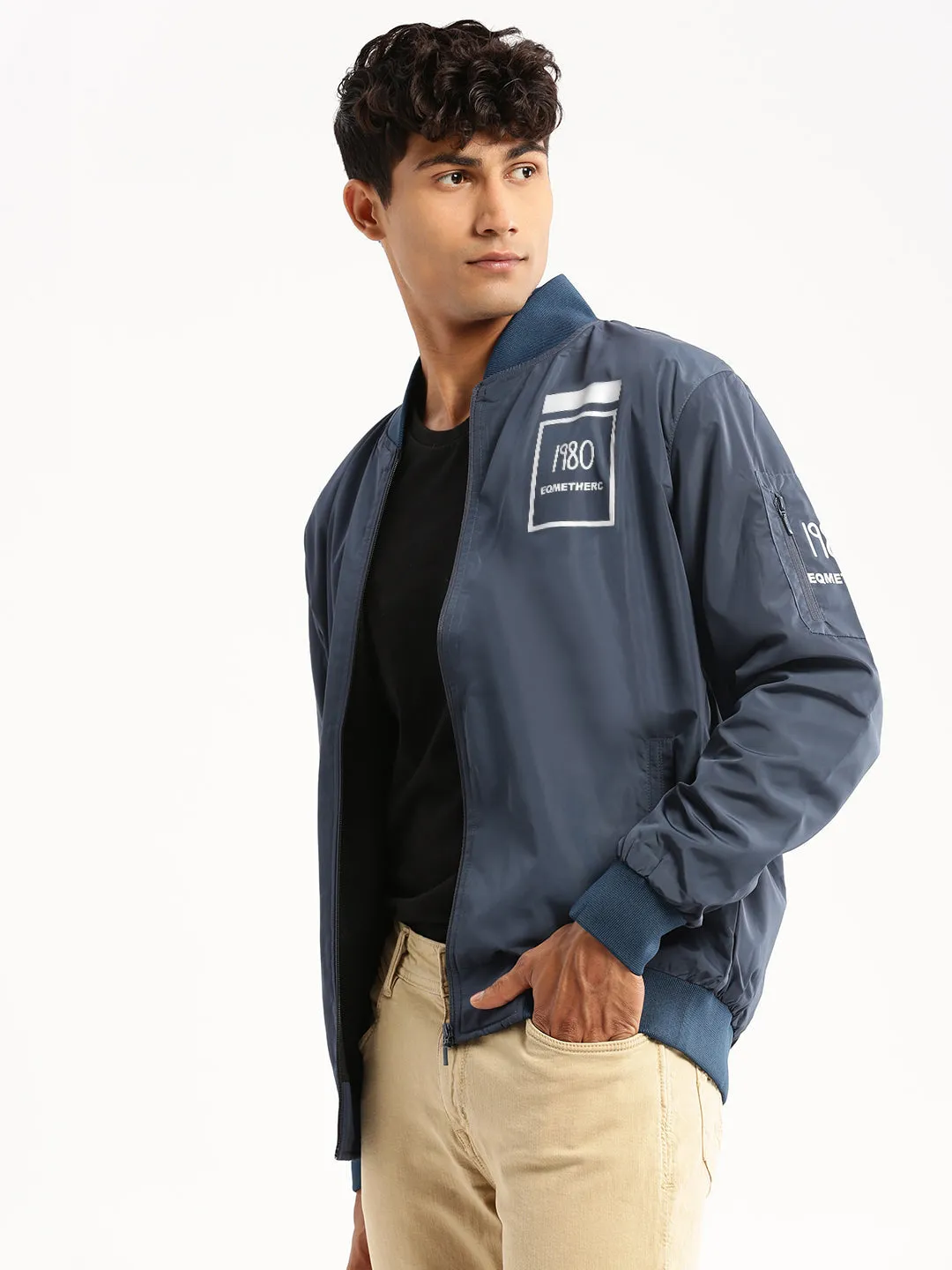 City Ready Neutral Style Men's Teal Mock Collar Bomber Jacket