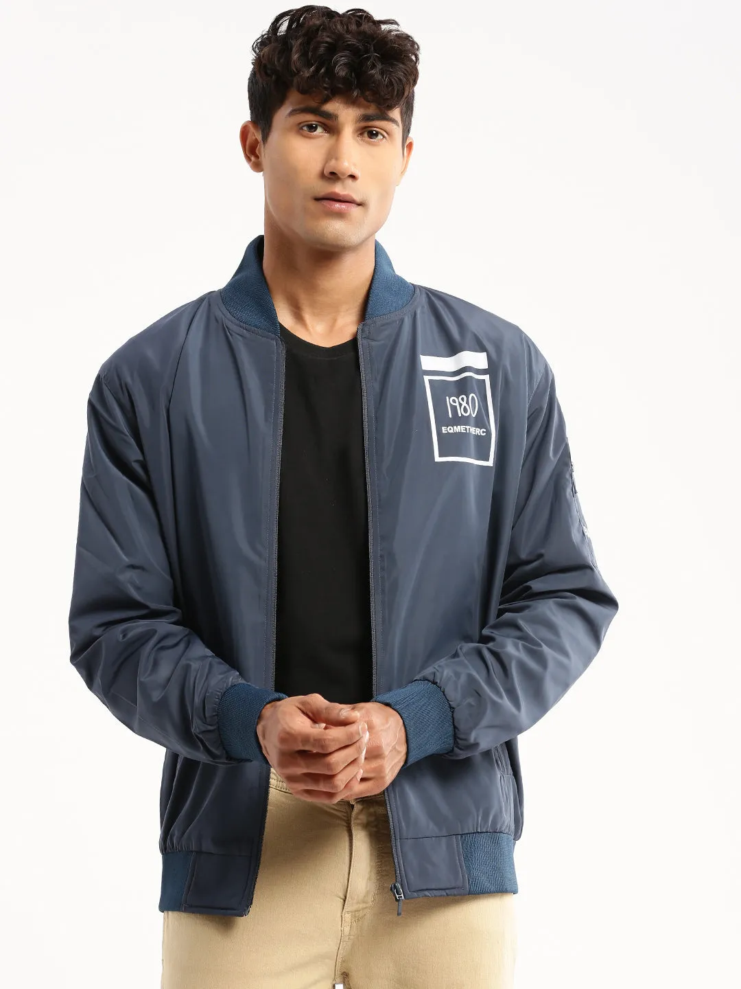 Warm Essentials Reinforced Seam Construction Men's Teal Mock Collar Bomber Jacket