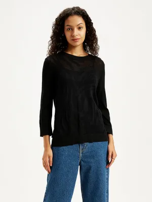 Women's Self Design Black Crew Neck Sweater Fray Resistant Edges Flexible Ribbing