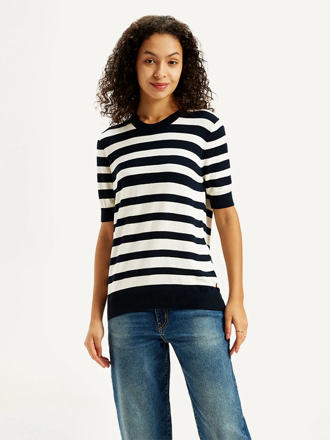 Women's Striped Black Crew Neck Sweater EcoCertified Wool Blend