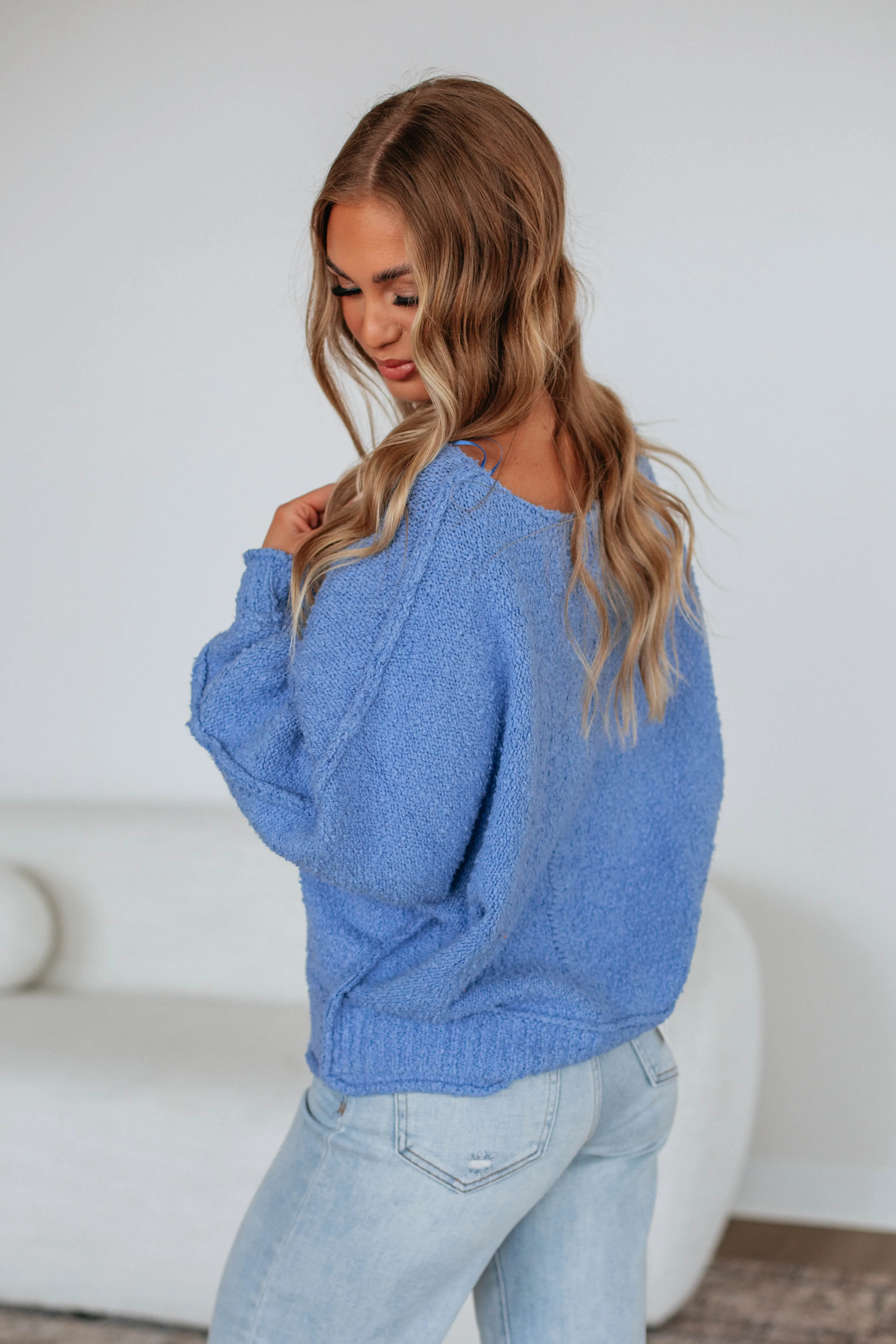 Haven Sweater - Cornflower Blue Worn In MultiPly Yarn Construction