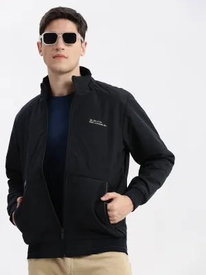 Men's Mock Collar Navy Blue Bomber Jacket Reinforced Elbow Patches Ripstop Reinforcement