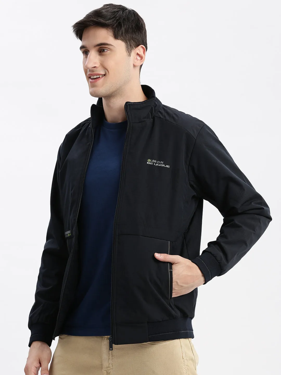Men's Mock Collar Navy Blue Bomber Jacket Layered construction