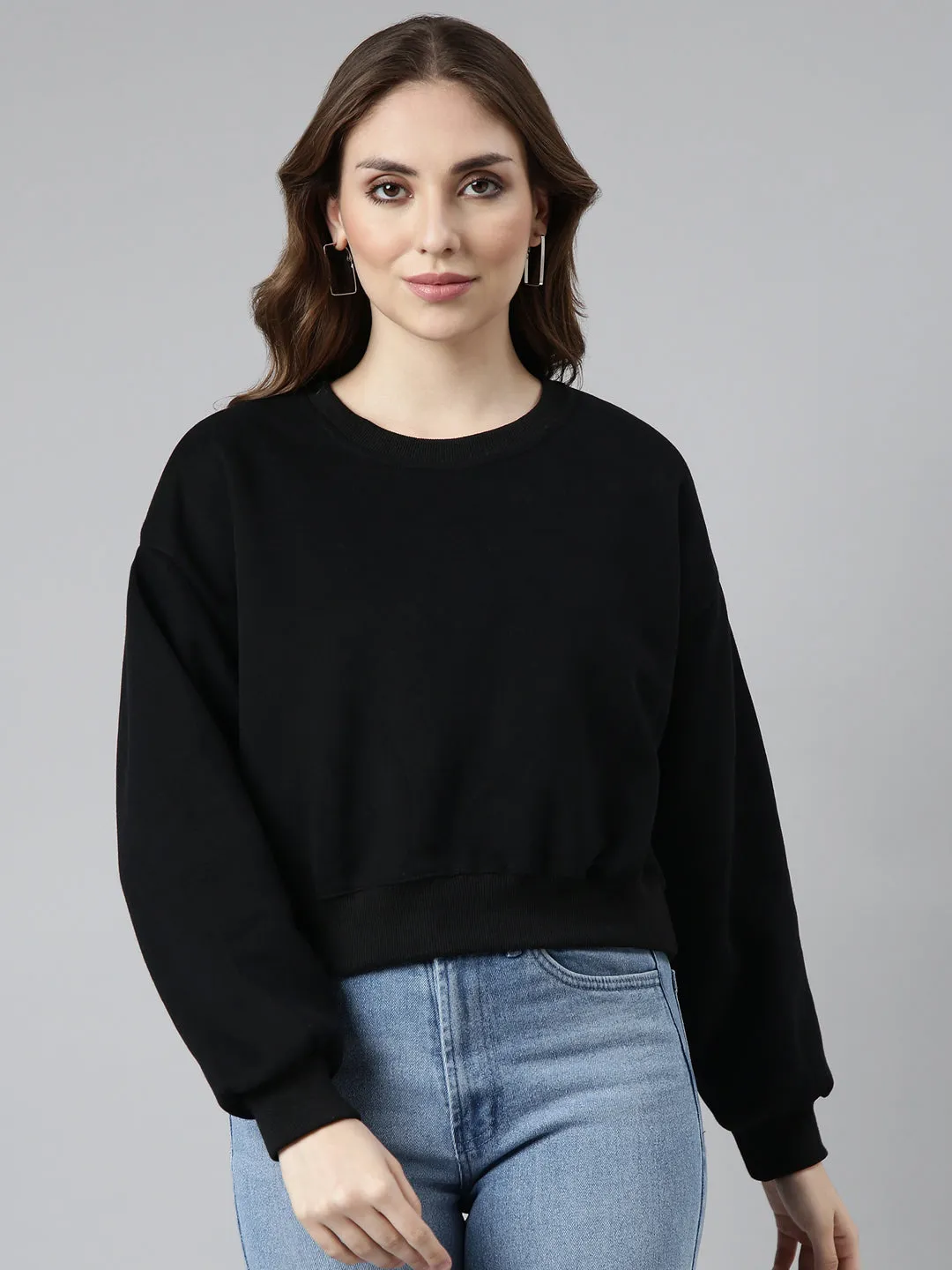 Women's Black Round Neck Shoulder Pullover Cotton Sweatshirt Cozy Design