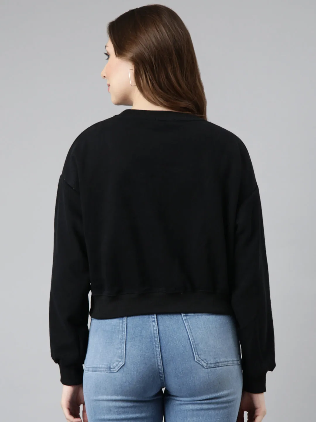 Women's Black Round Neck Shoulder Pullover Cotton Sweatshirt product sustainable future product weekday wearability