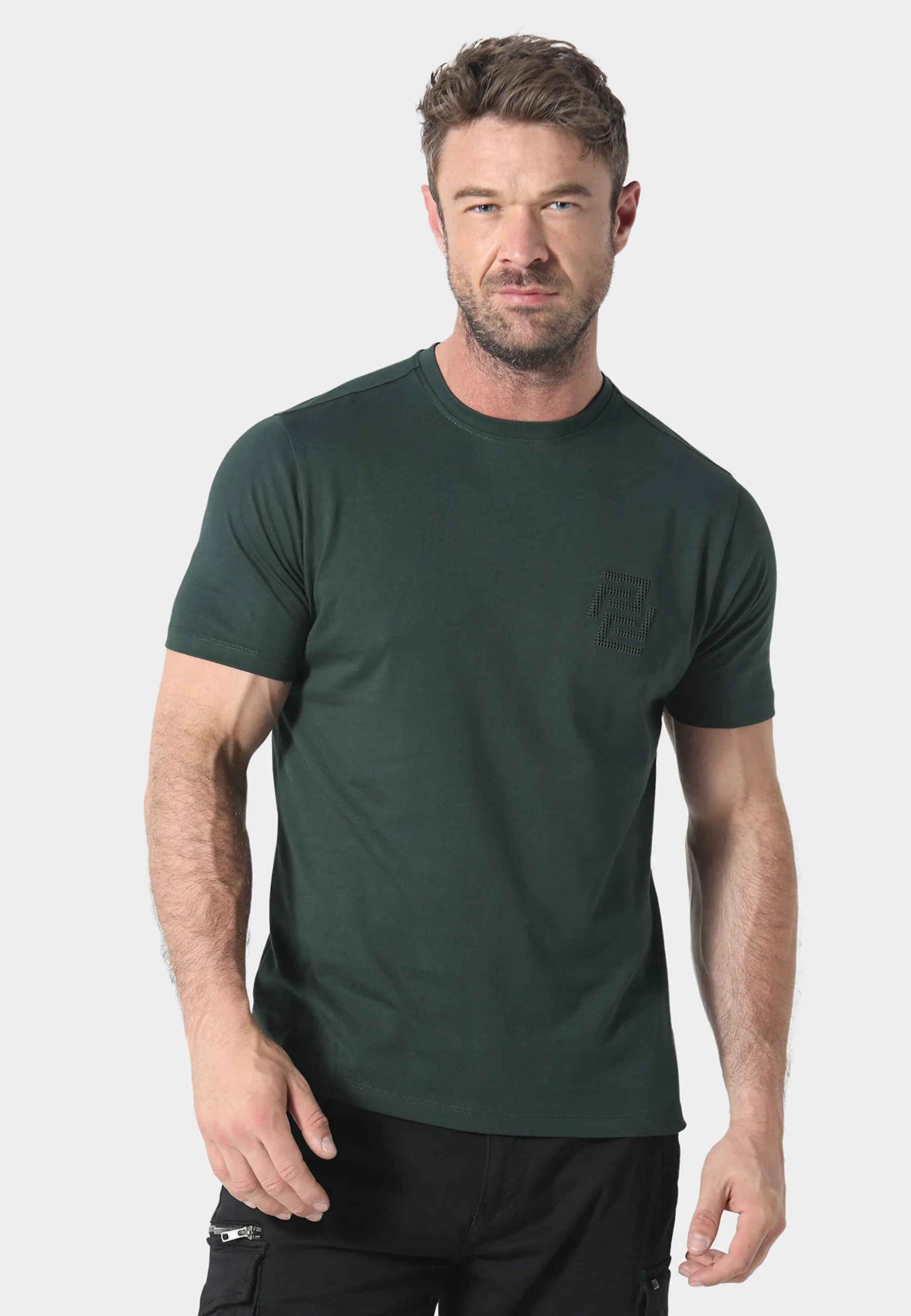 Hedley Forest Green T-Shirt Layered Neckline High Density Weave