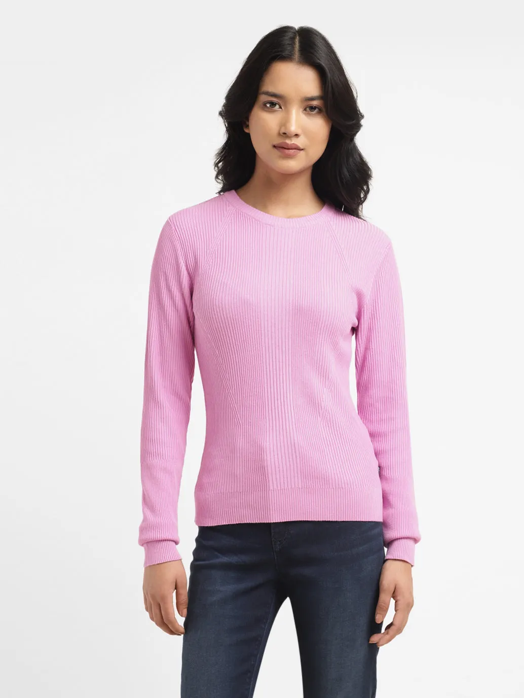 Organic Cotton Blend Women's Self Design Pink Crew Neck Sweater
