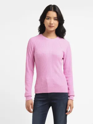 Women's Self Design Pink Crew Neck Sweater HighDensity Knit