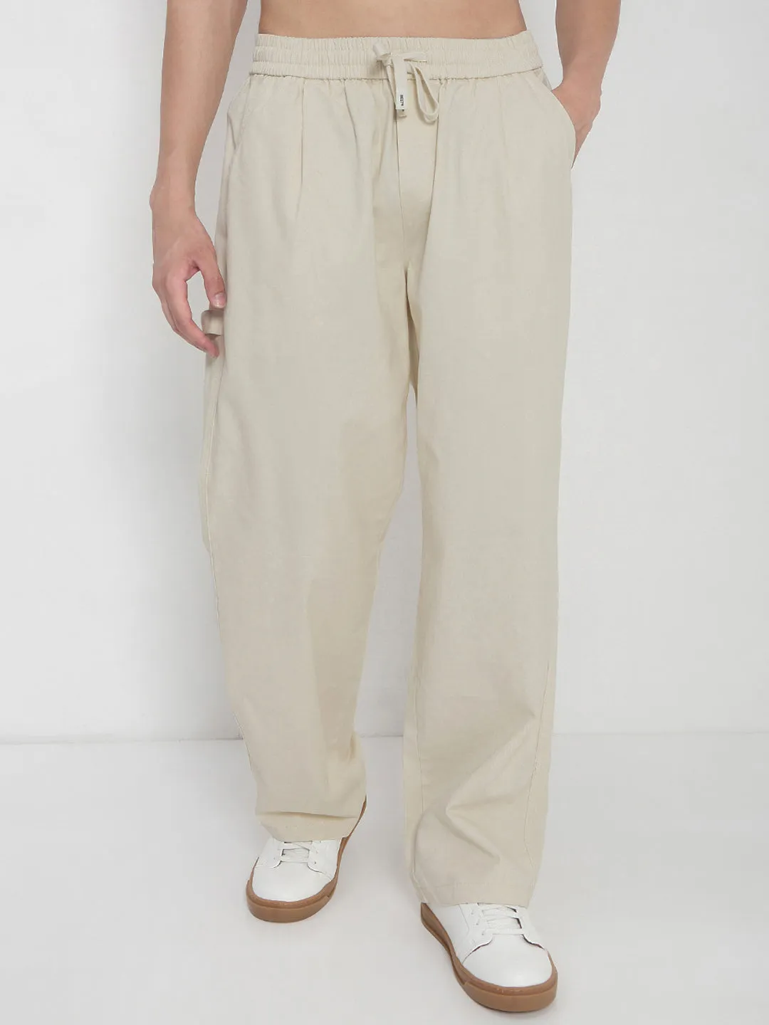 AntiSlipWaistband Tailored Silhouette Men's Cotton Cream Relaxed Fit Trousers