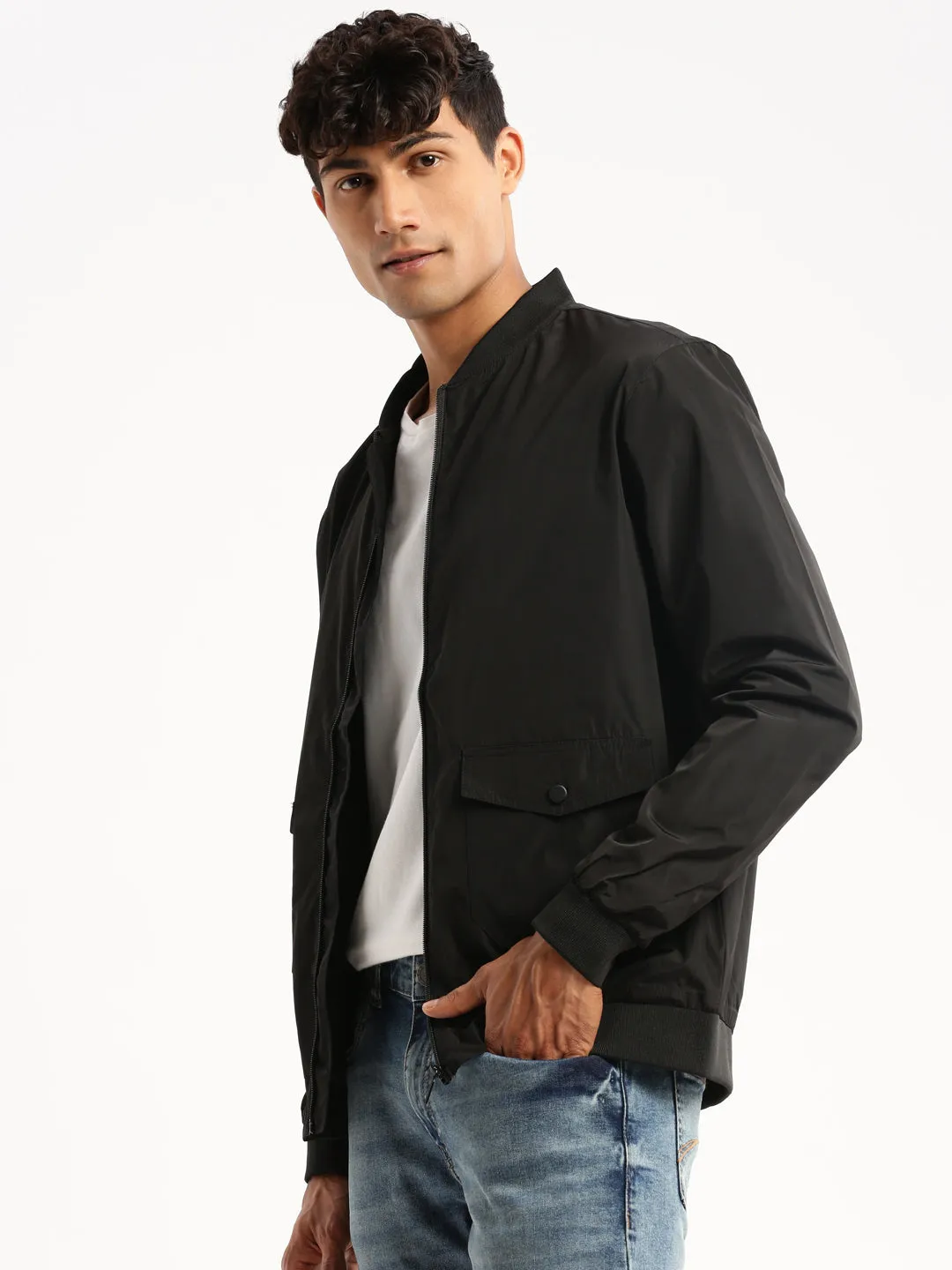 Men's Black Stand Collar Bomber Jacket HiddenPockets