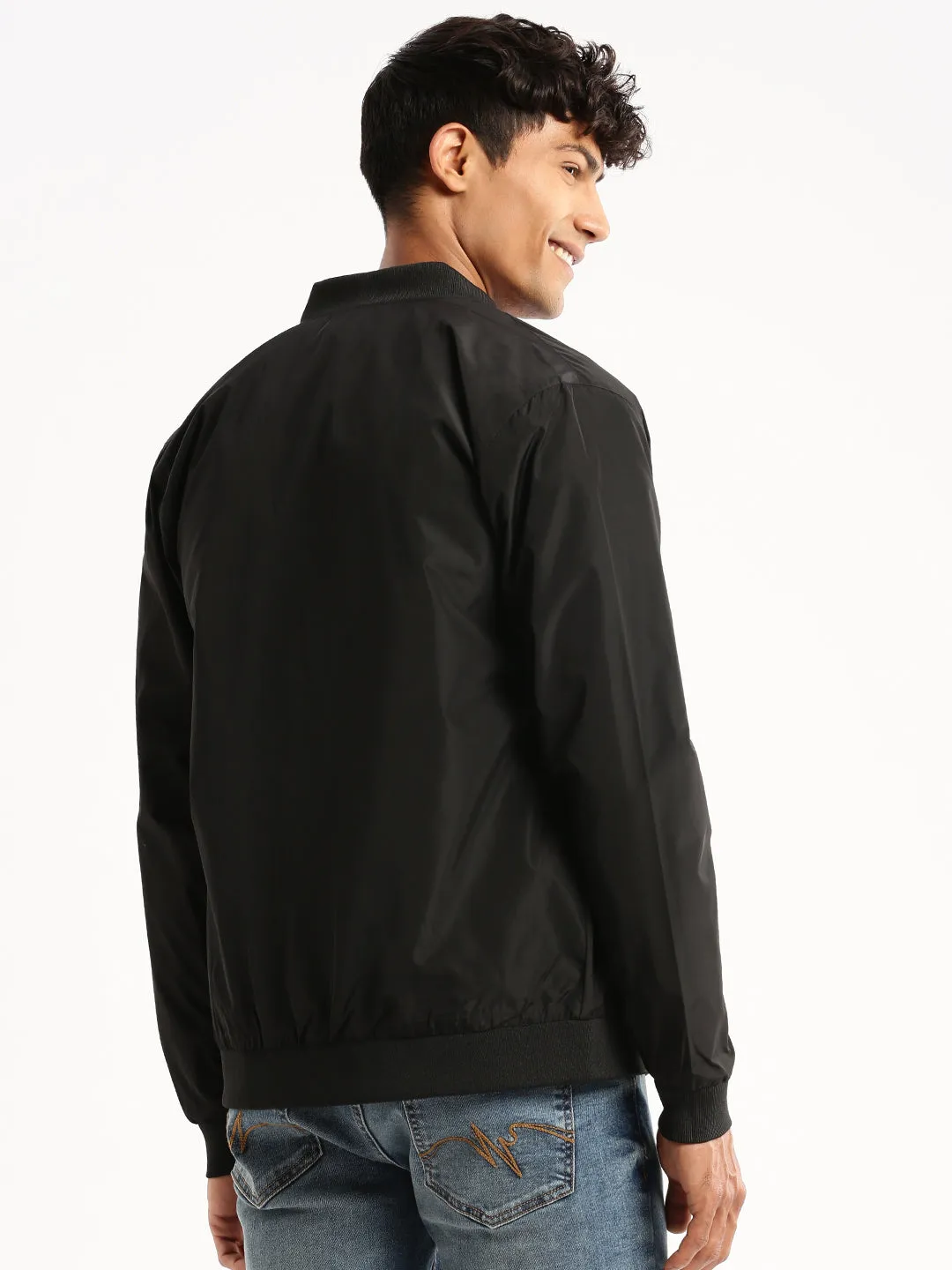 Reflective Detailing Men's Black Stand Collar Bomber Jacket