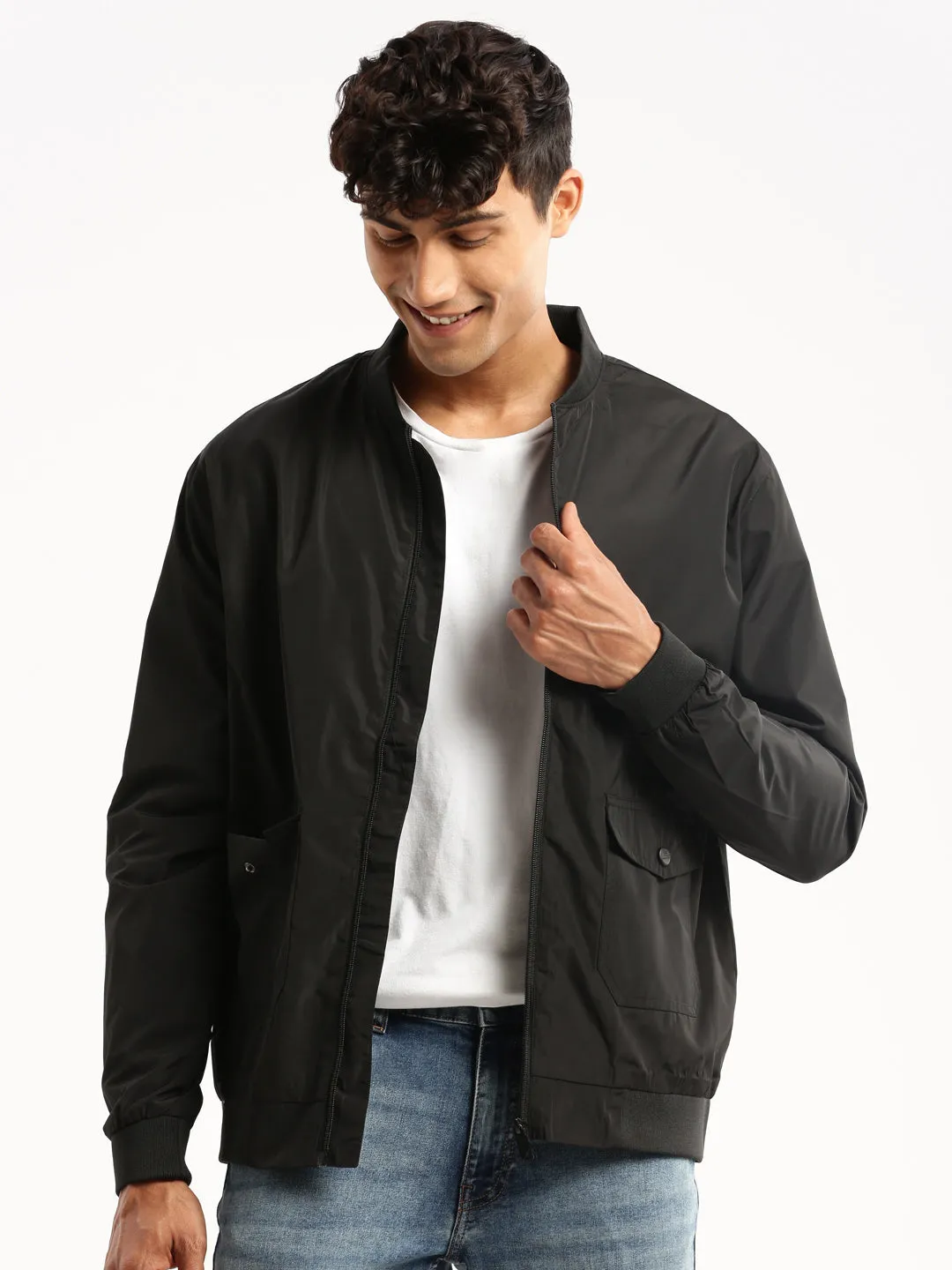 Chill Weather Daywear Staple Men's Black Stand Collar Bomber Jacket