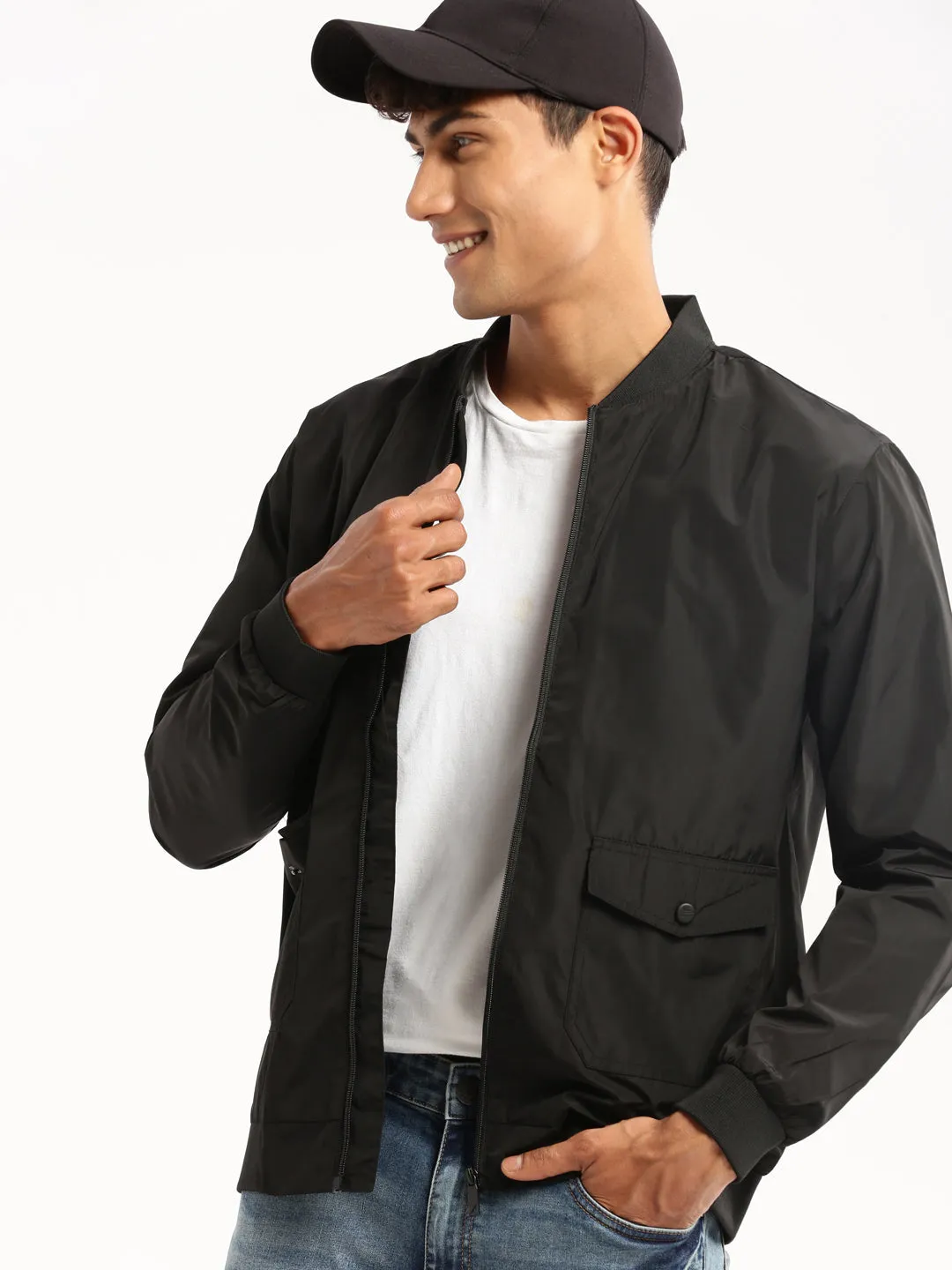 Men's Black Stand Collar Bomber Jacket Four Way Stretch