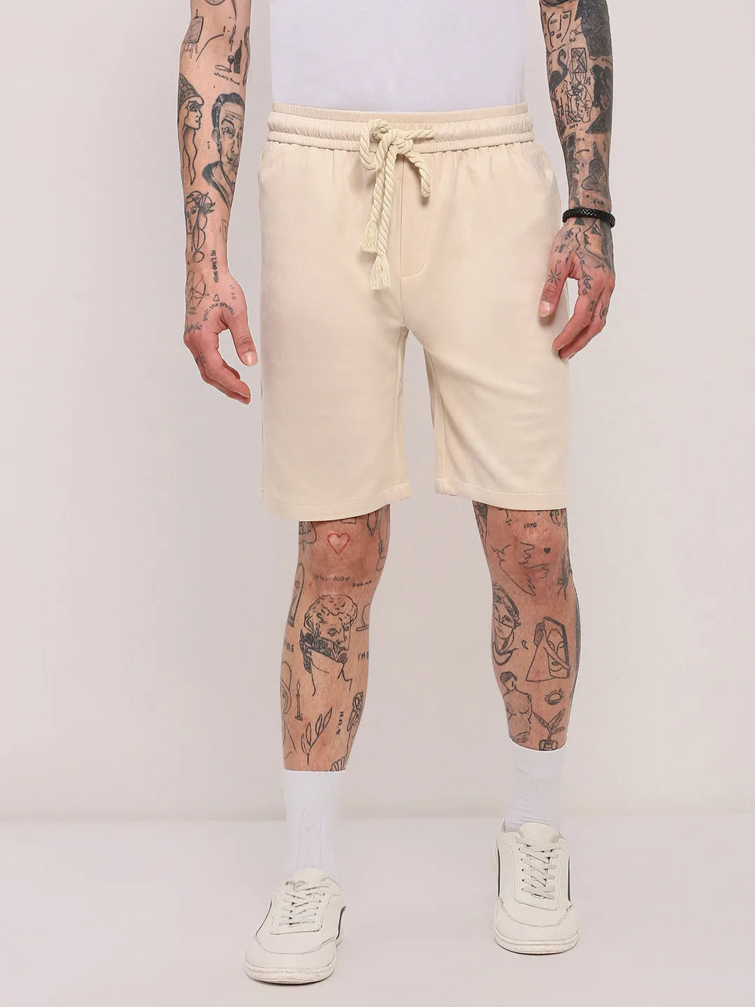 Anti Snag Fabric Men's Beige Solid Relaxed Fit Shorts