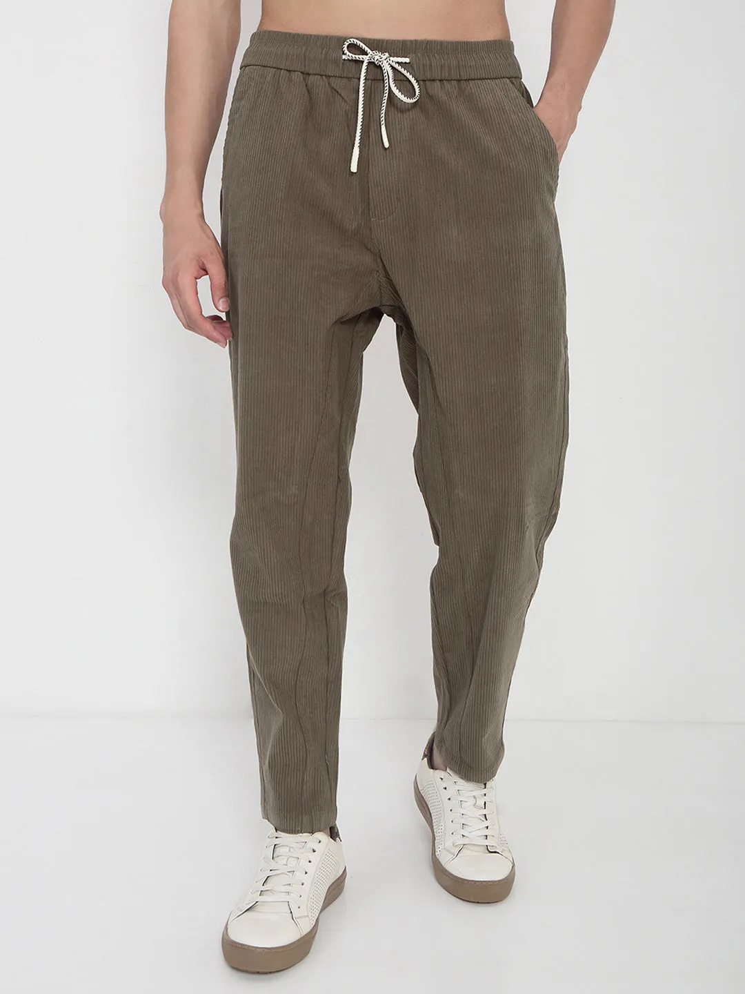 Tear Resistant Weave Men's Olive Corduroy Relaxed Fit Trousers