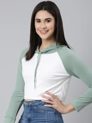 Women's White Colour blocked Hooded Crop Sweatshirt product brand name recognition