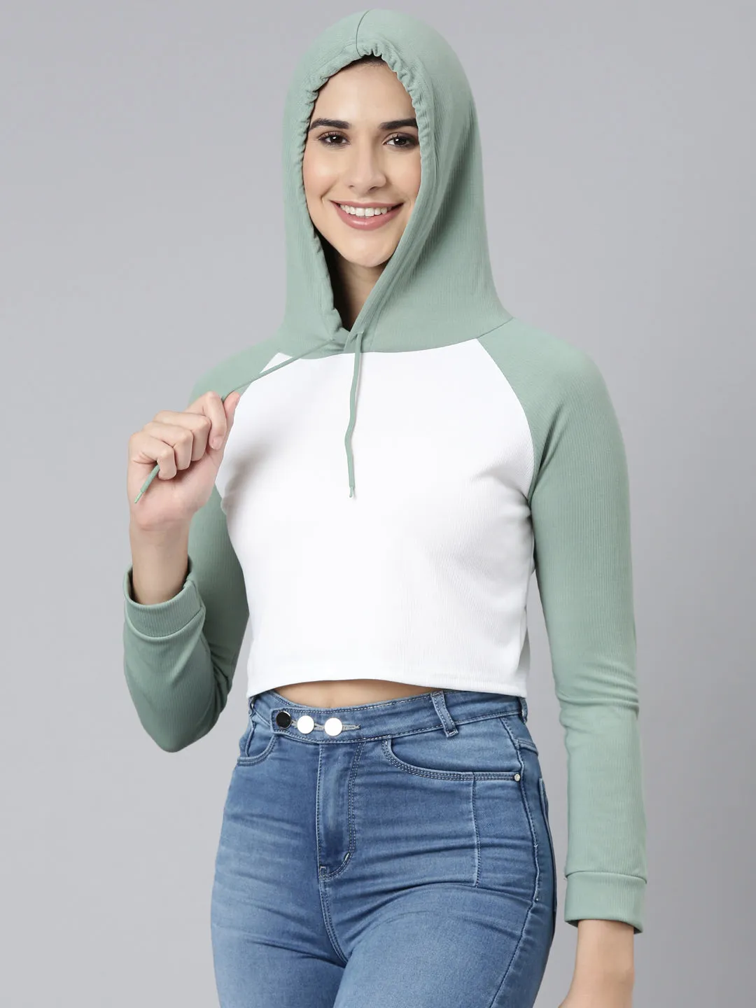 Women's White Colour blocked Hooded Crop Sweatshirt product semi formal appeal Breathable fabric