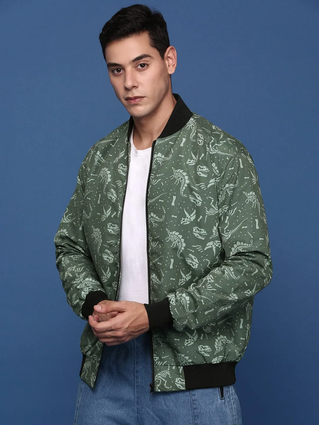 Men's Printed Green Bomber Casual Jacket Quick Access Hidden Pockets MoistureWickingInterior