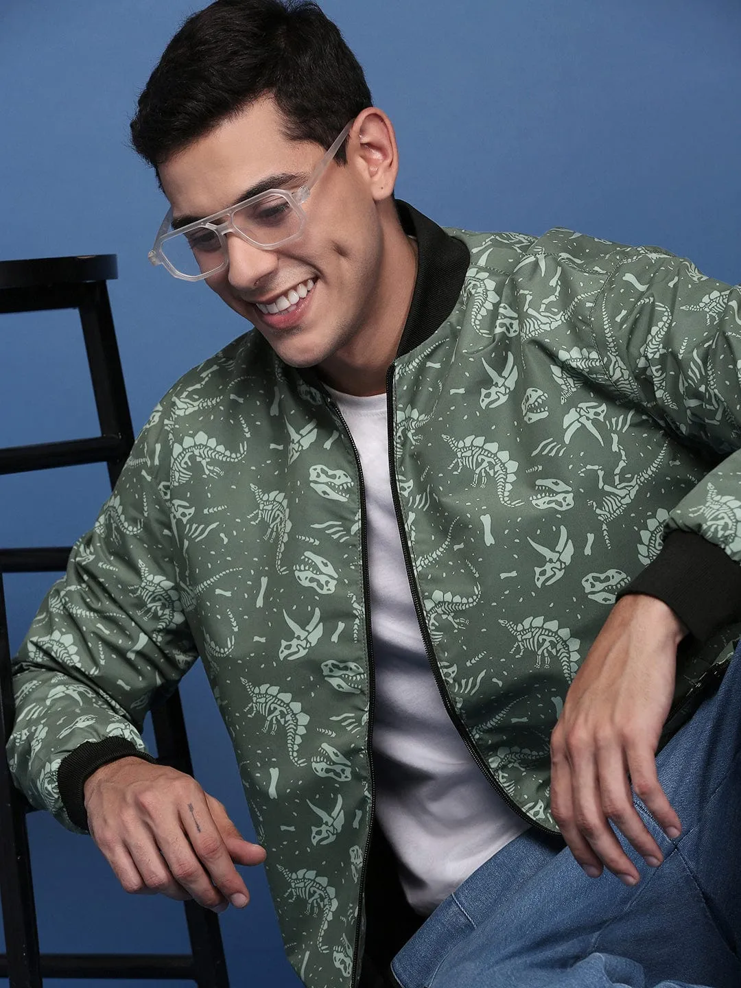 Men's Printed Green Bomber Casual Jacket Asymmetric Hemline Friction Resistant