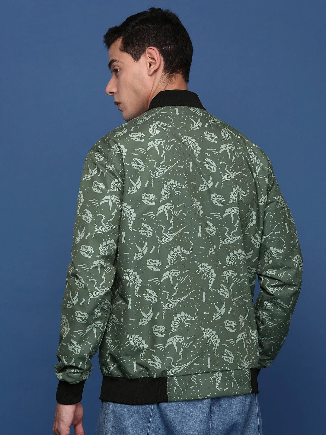 Men's Printed Green Bomber Casual Jacket MagneticClosure Commuter Friendly Look