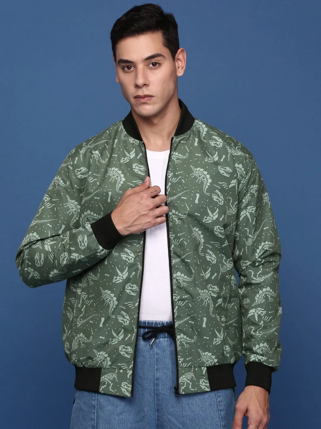Recycled Textile Chill Commute Fit Men's Printed Green Bomber Casual Jacket