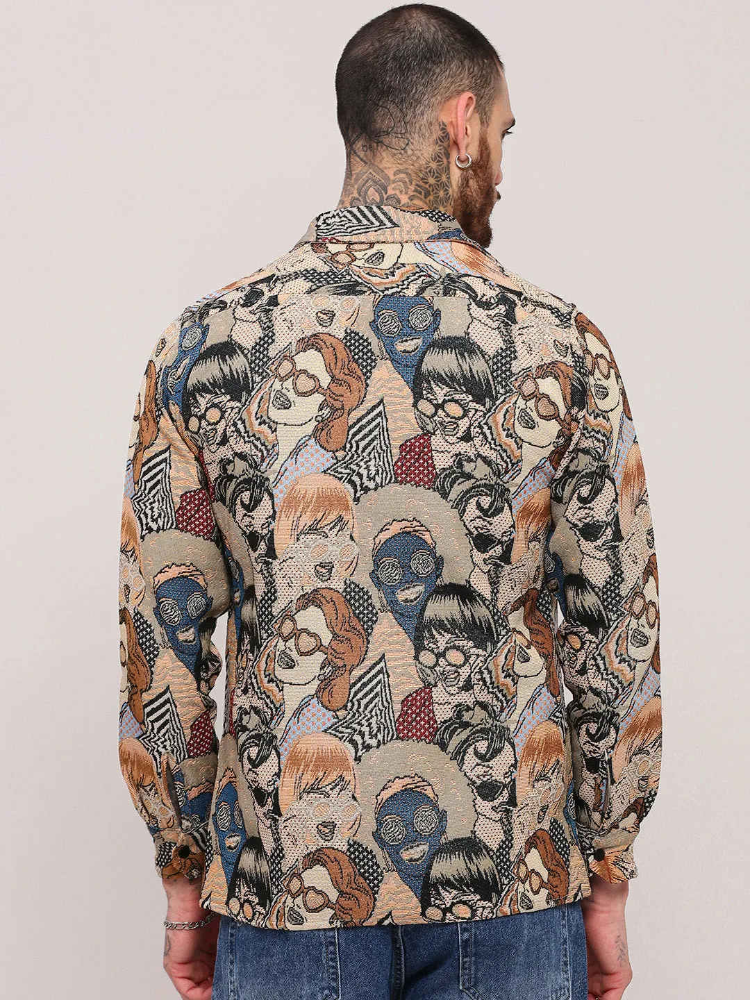 Perfect for Vacation Men's Beige Graphic Printed Shacket