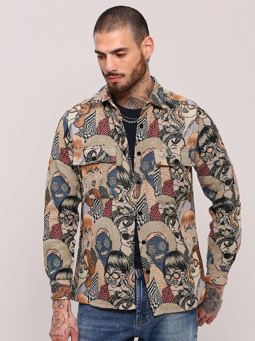 soft look Men's Beige Graphic Printed Shacket