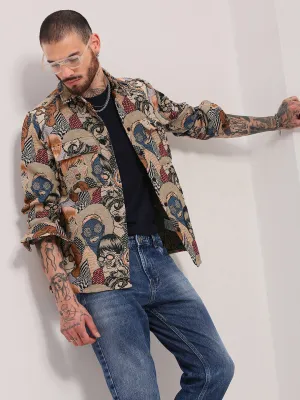 Men's Beige Graphic Printed Shacket Day-to-Night Look Bold Statement