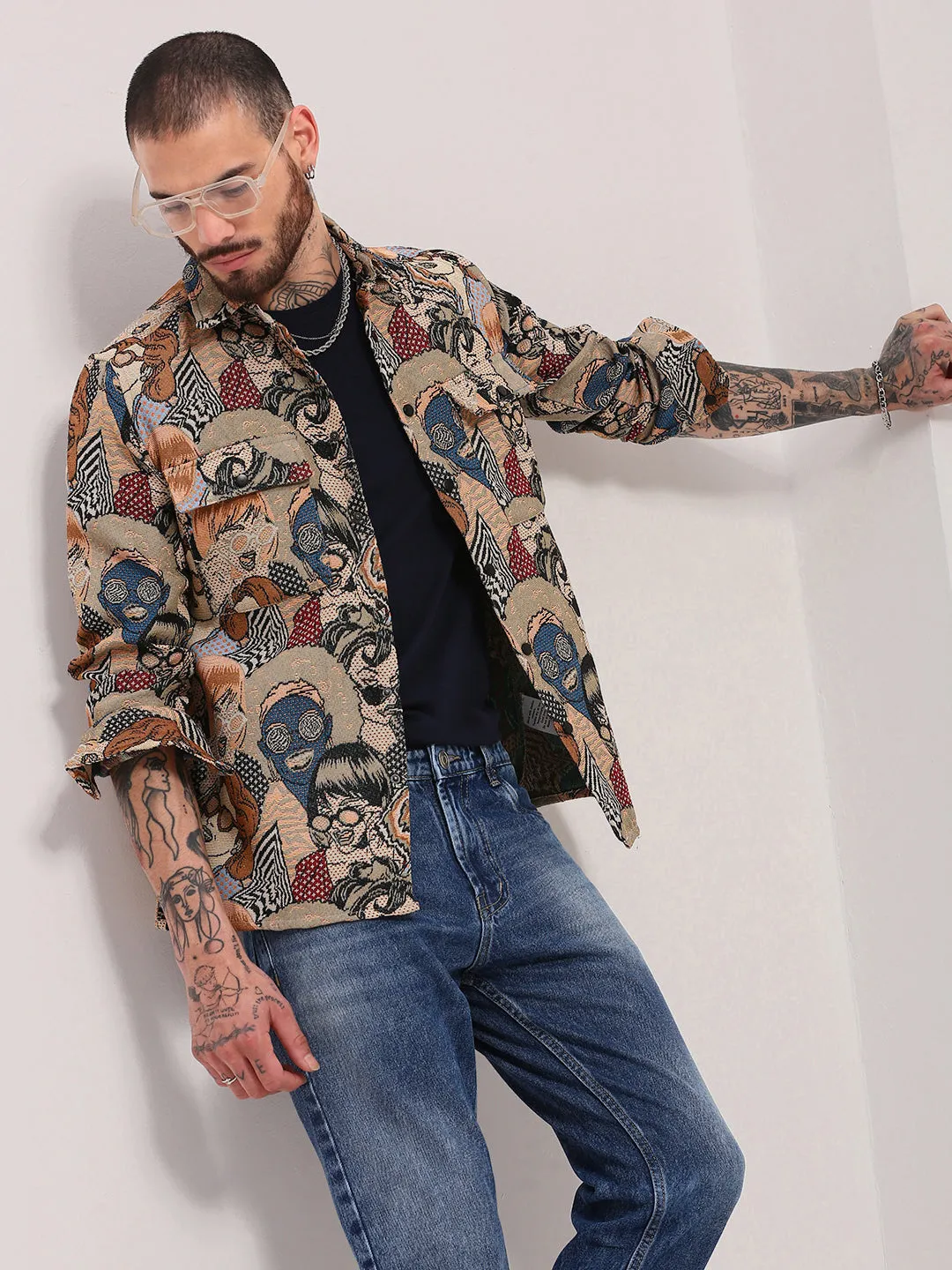 Men's Beige Graphic Printed Shacket Day-to-Night Look Bold Statement