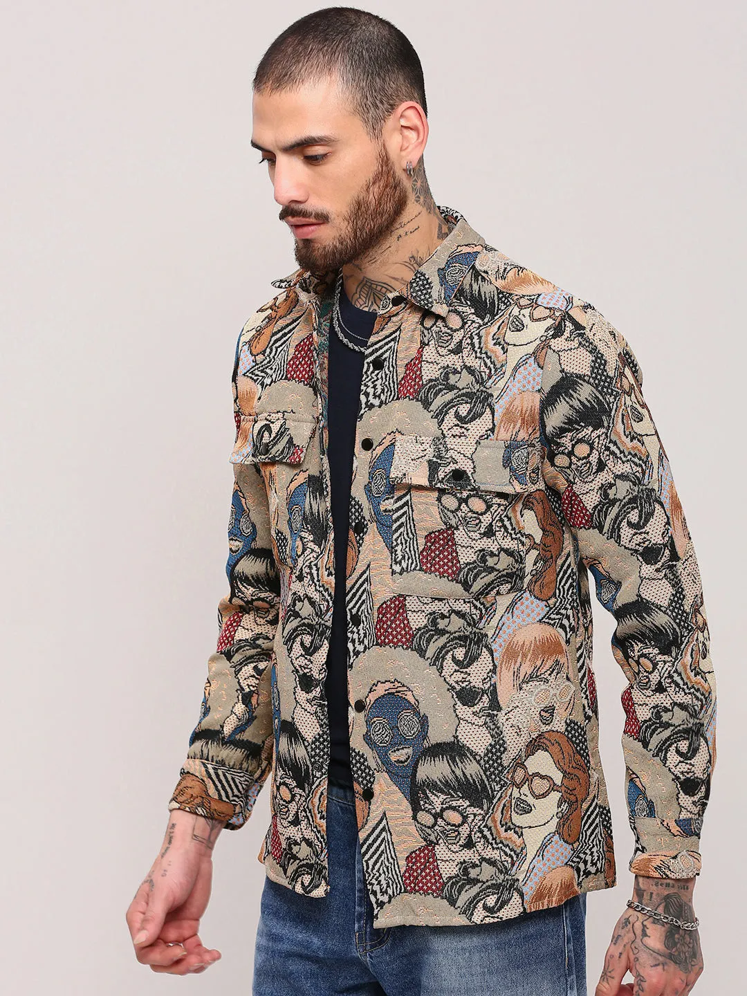 Simple Yet Cozy Men's Beige Graphic Printed Shacket