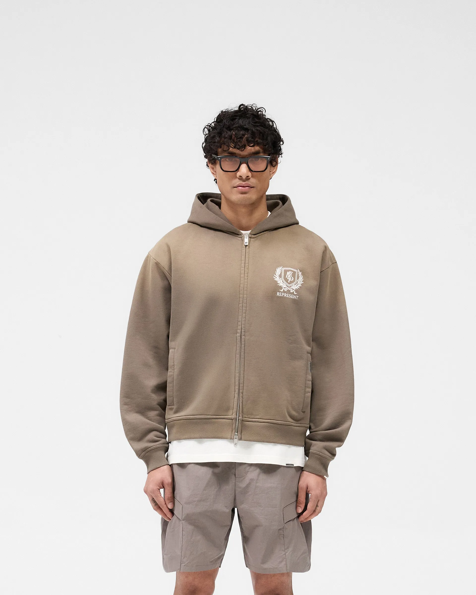 teenagers Crest Zip Up Hoodie - Dark Taupe