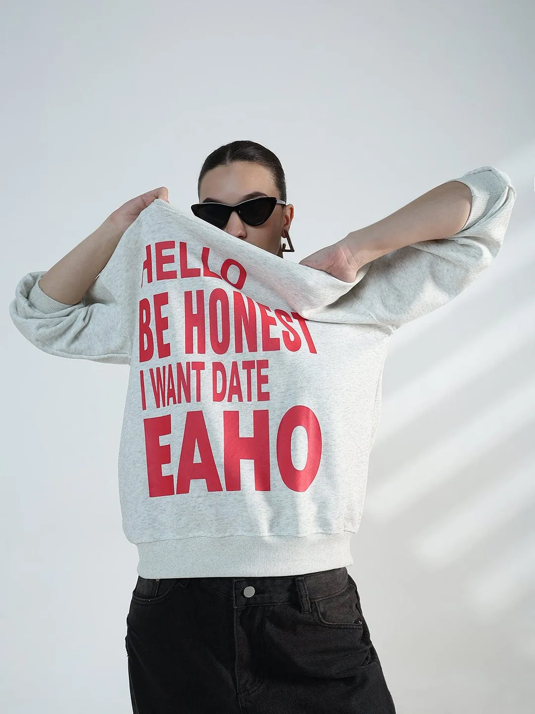 Women's Typography Grey Scoop Neck Oversized Sweatshirt Functional Design Cozy Fit