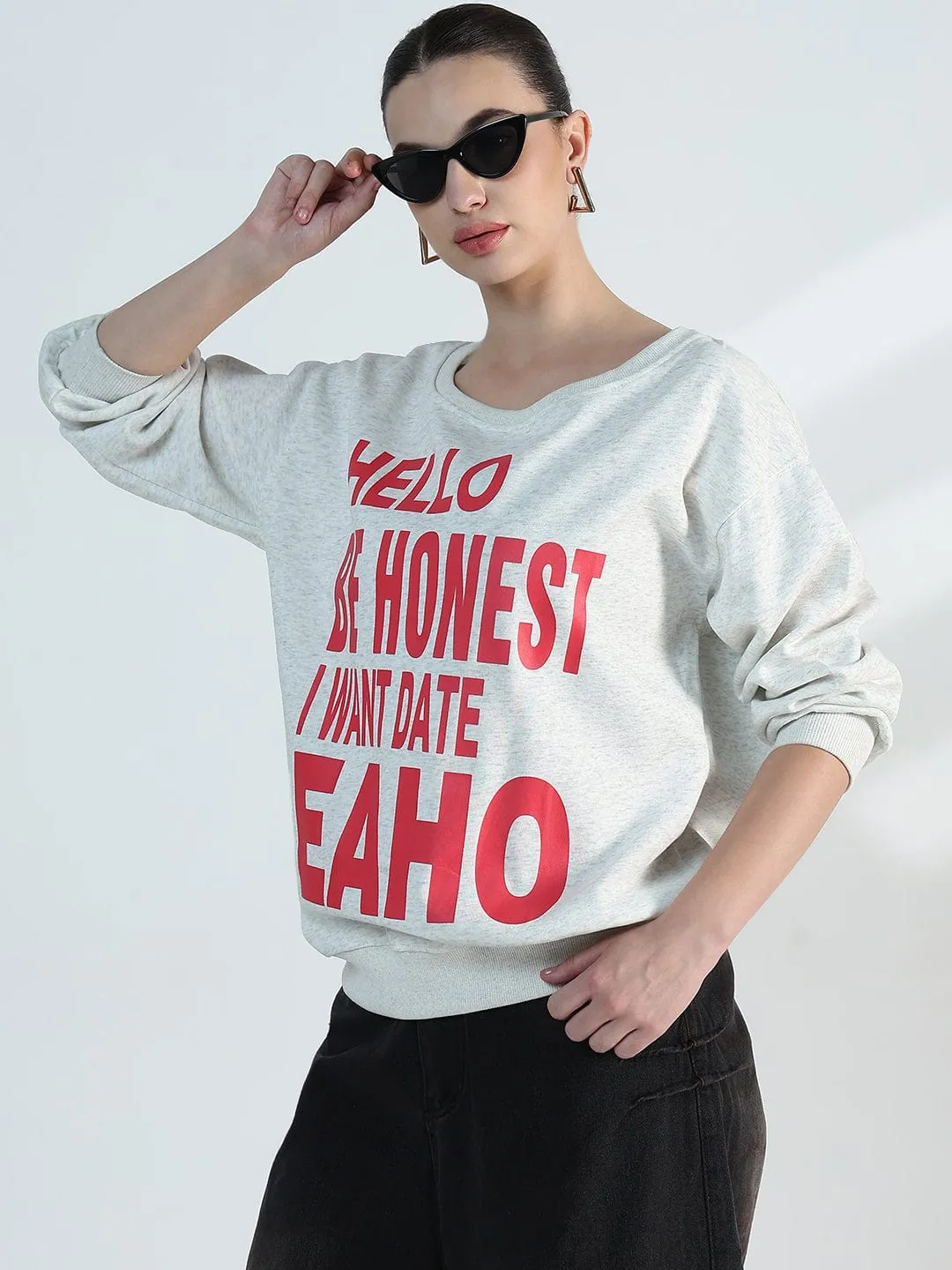 anti pill coating Women's Typography Grey Scoop Neck Oversized Sweatshirt