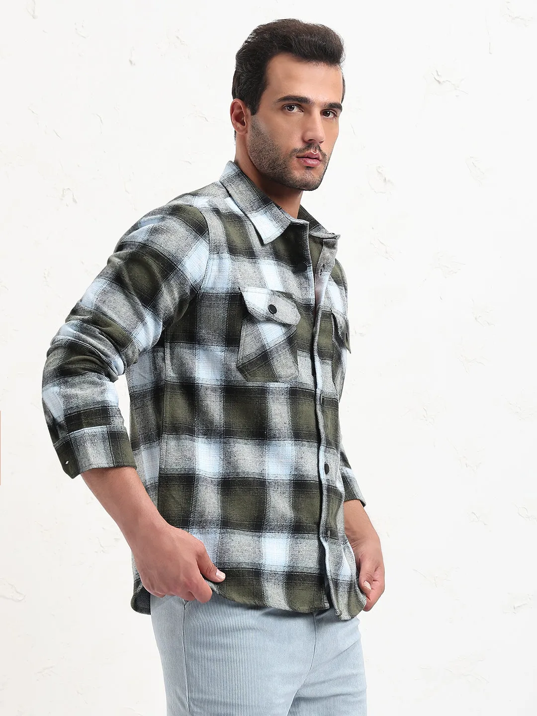 Ribbed collar Relaxed Fit Design Men's Multi Checked Slim Fit Shacket