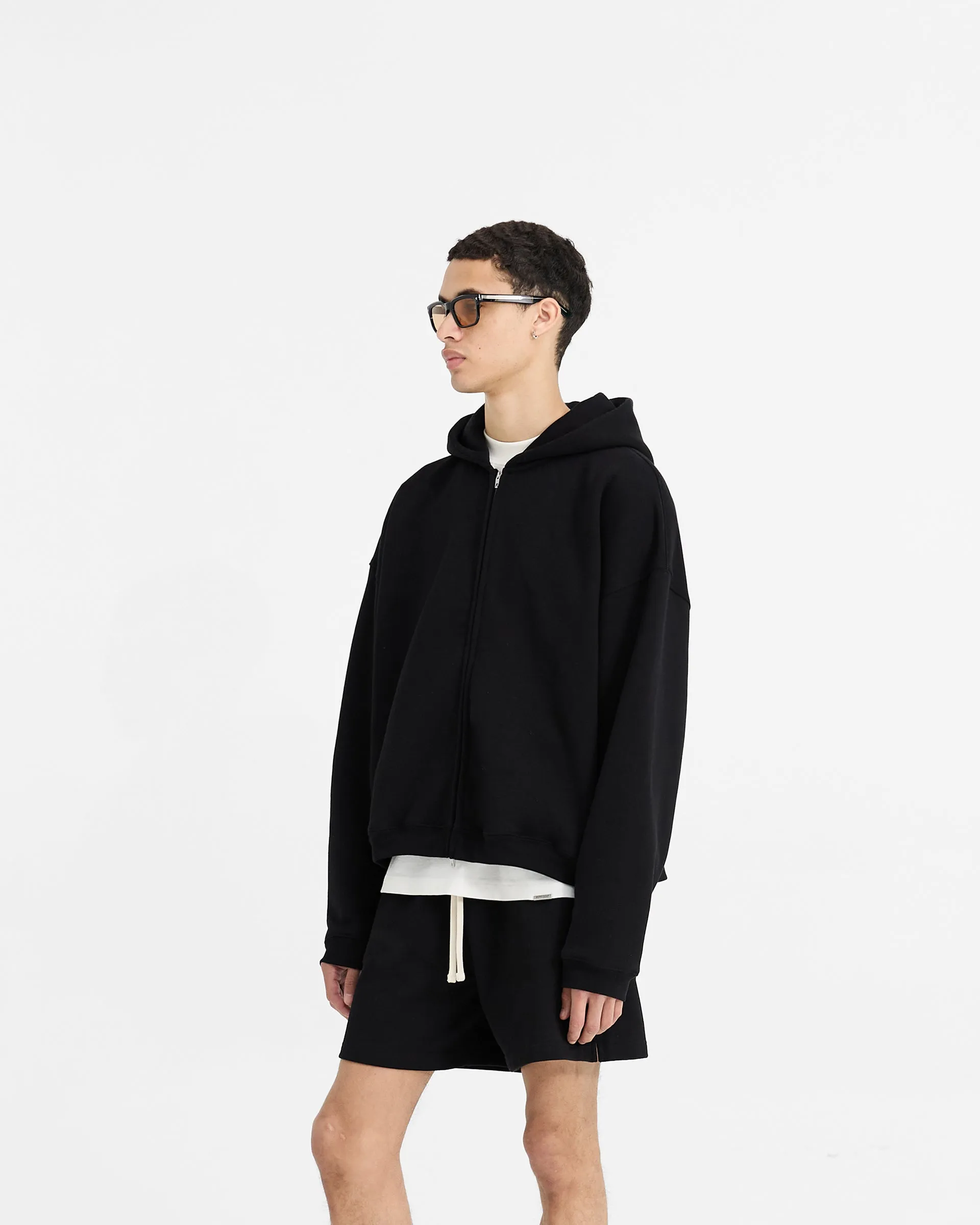 Initial Boxy Zip Through Hoodie - Black product clip convenience Anti-pilling