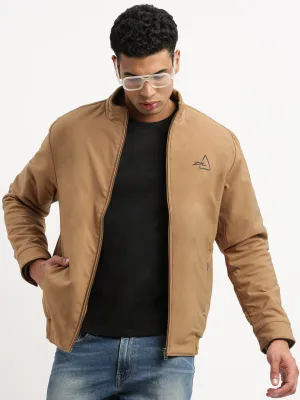 Men's Mock Collar Khaki Solid Bomber Jacket ReinforcedStressPoints Breathable Membrane
