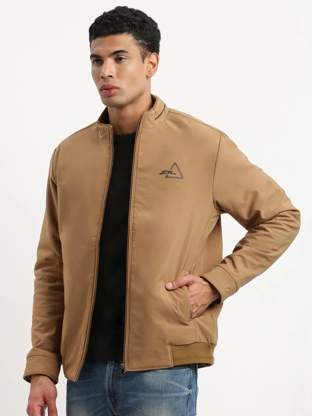 Men's Mock Collar Khaki Solid Bomber Jacket Polished Casual