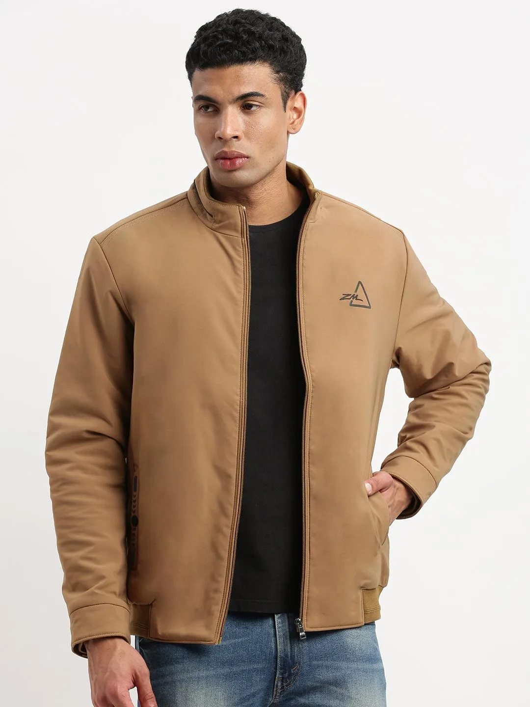 UV Protective Modern Functional Design Men's Mock Collar Khaki Solid Bomber Jacket