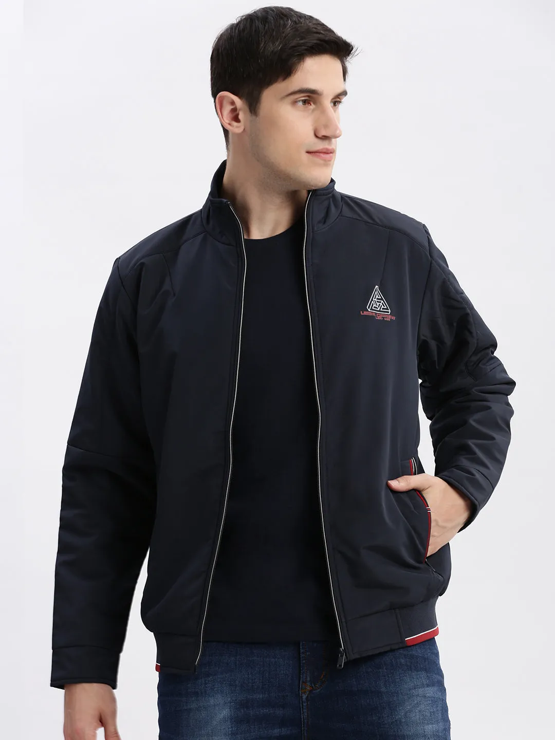 Men's Navy Blue Mock Collar Long Sleeves Zip Detail Rapid-Dry Windcheater Bomber Jacket SeamlessShoulderPanels Flexible Fit Engineering