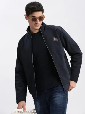 Men's Navy Blue Mock Collar Long Sleeves Zip Detail Rapid-Dry Windcheater Bomber Jacket Reinforced Hems SeamlessShoulderPanels