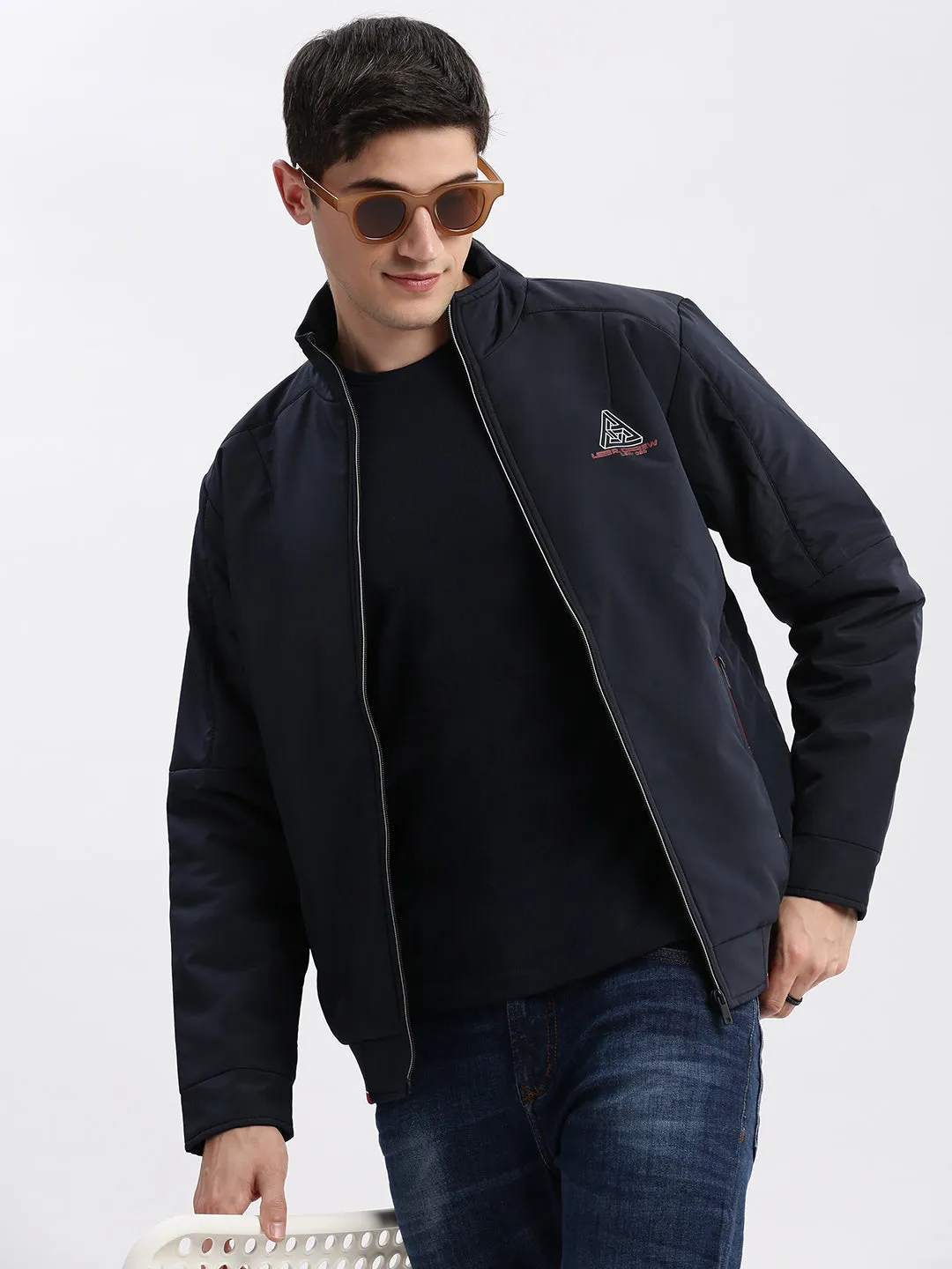 Men's Navy Blue Mock Collar Long Sleeves Zip Detail Rapid-Dry Windcheater Bomber Jacket Reinforced Hems SeamlessShoulderPanels