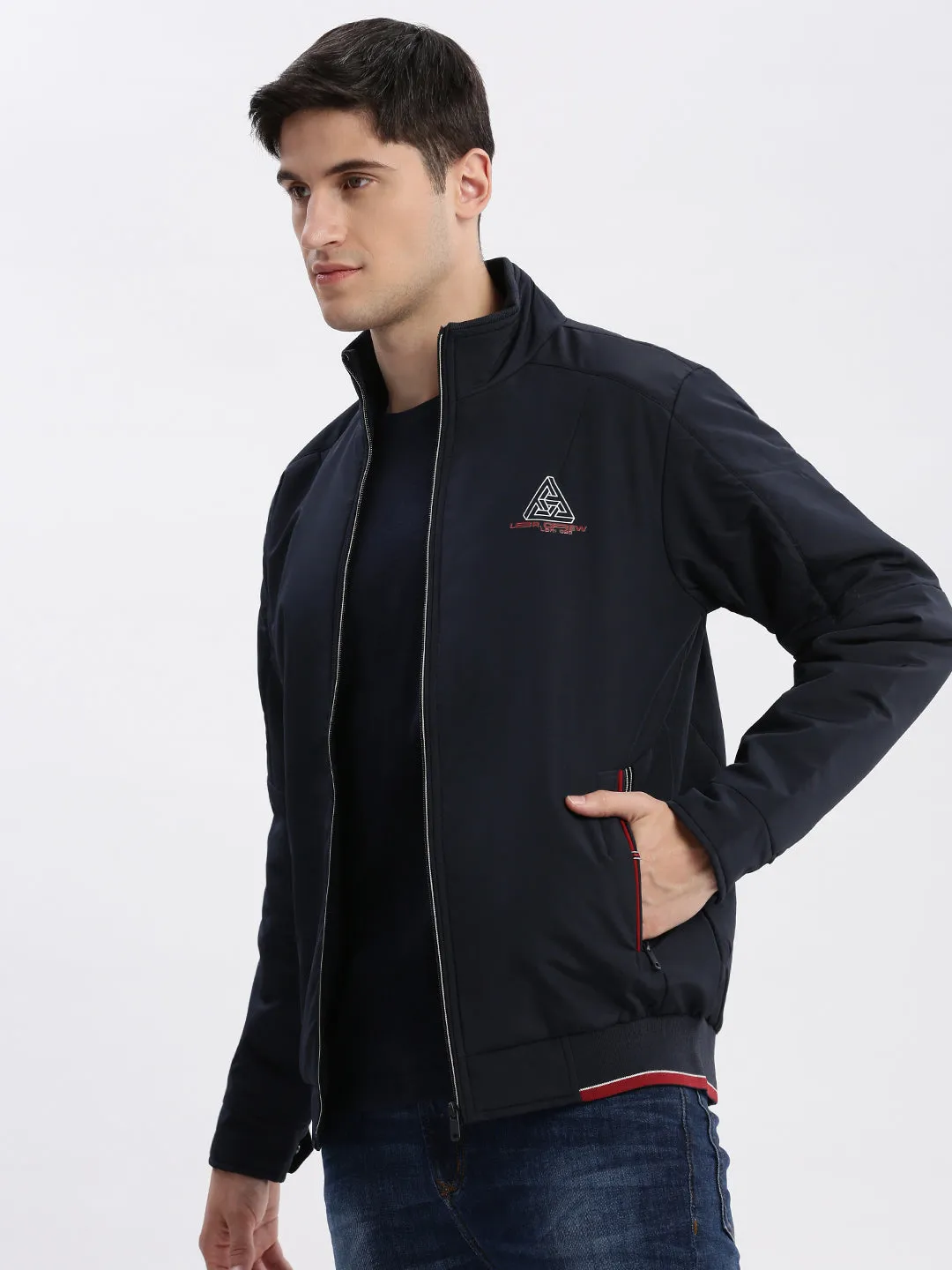 Men's Navy Blue Mock Collar Long Sleeves Zip Detail Rapid-Dry Windcheater Bomber Jacket DurableOuterShell