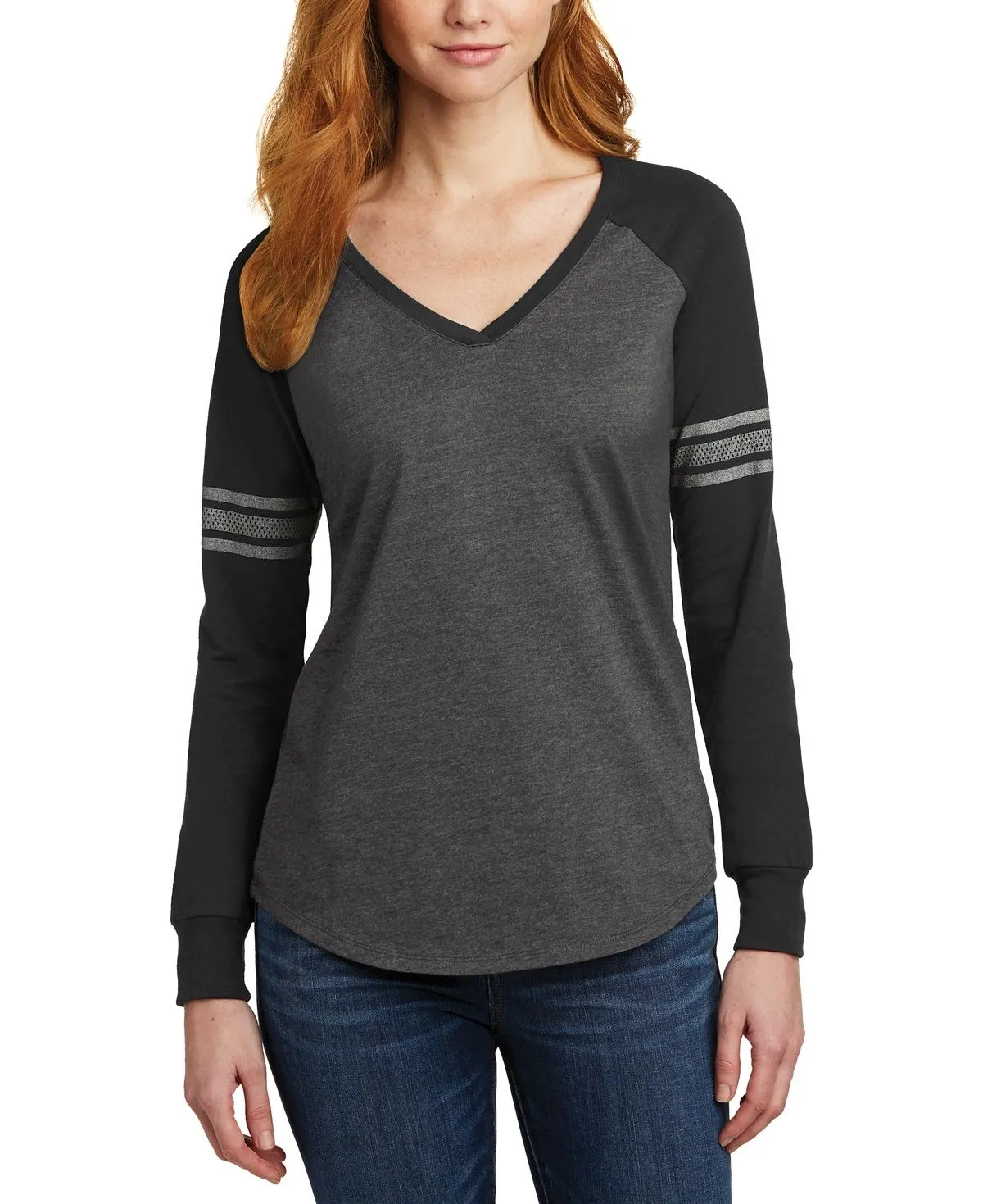 Chilly Style JustBlanks Women's Game Long Sleeve V-Neck Tee with Striped Sleeves