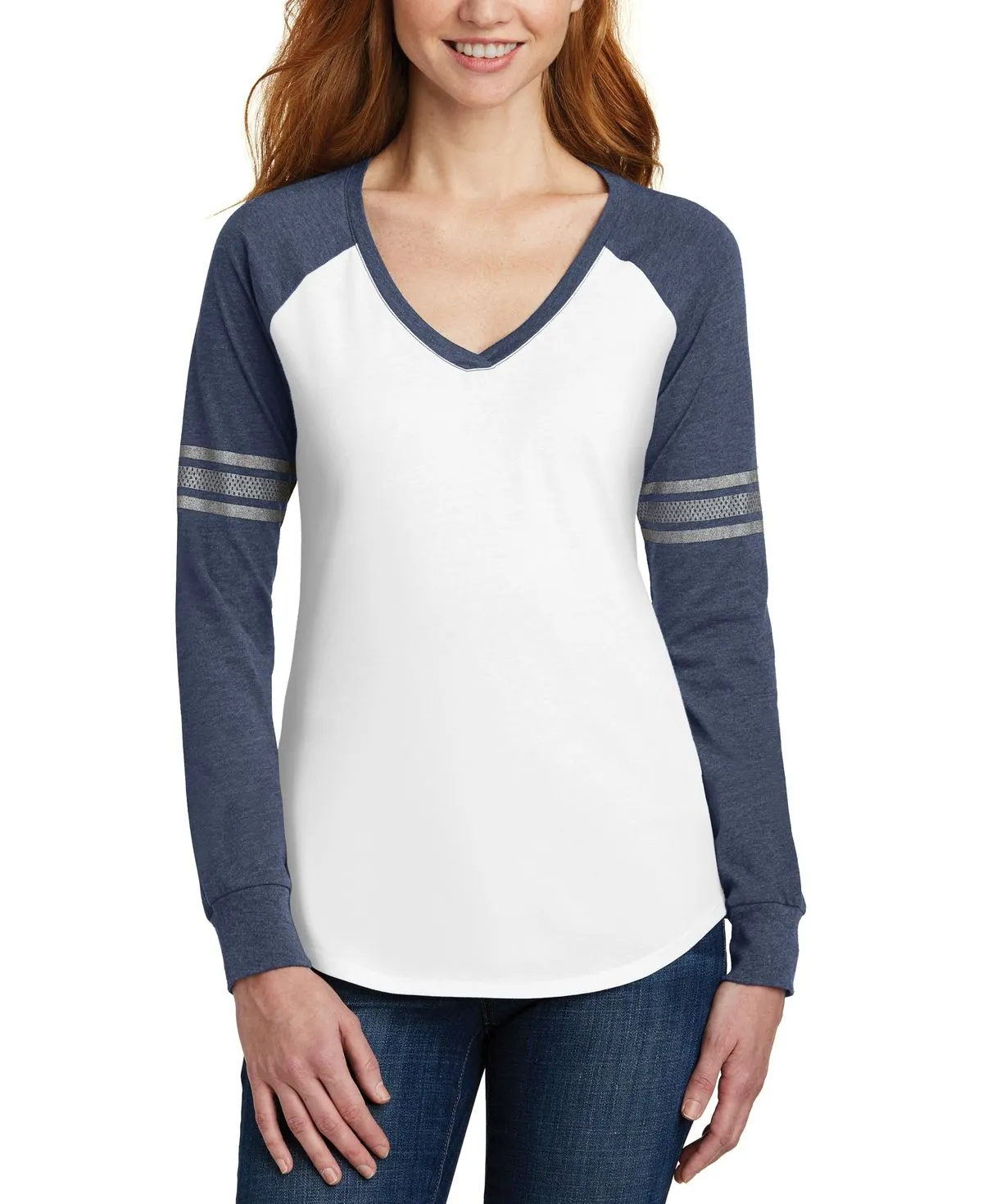 JustBlanks Women's Game Long Sleeve V-Neck Tee with Striped Sleeves Flattering Cut
