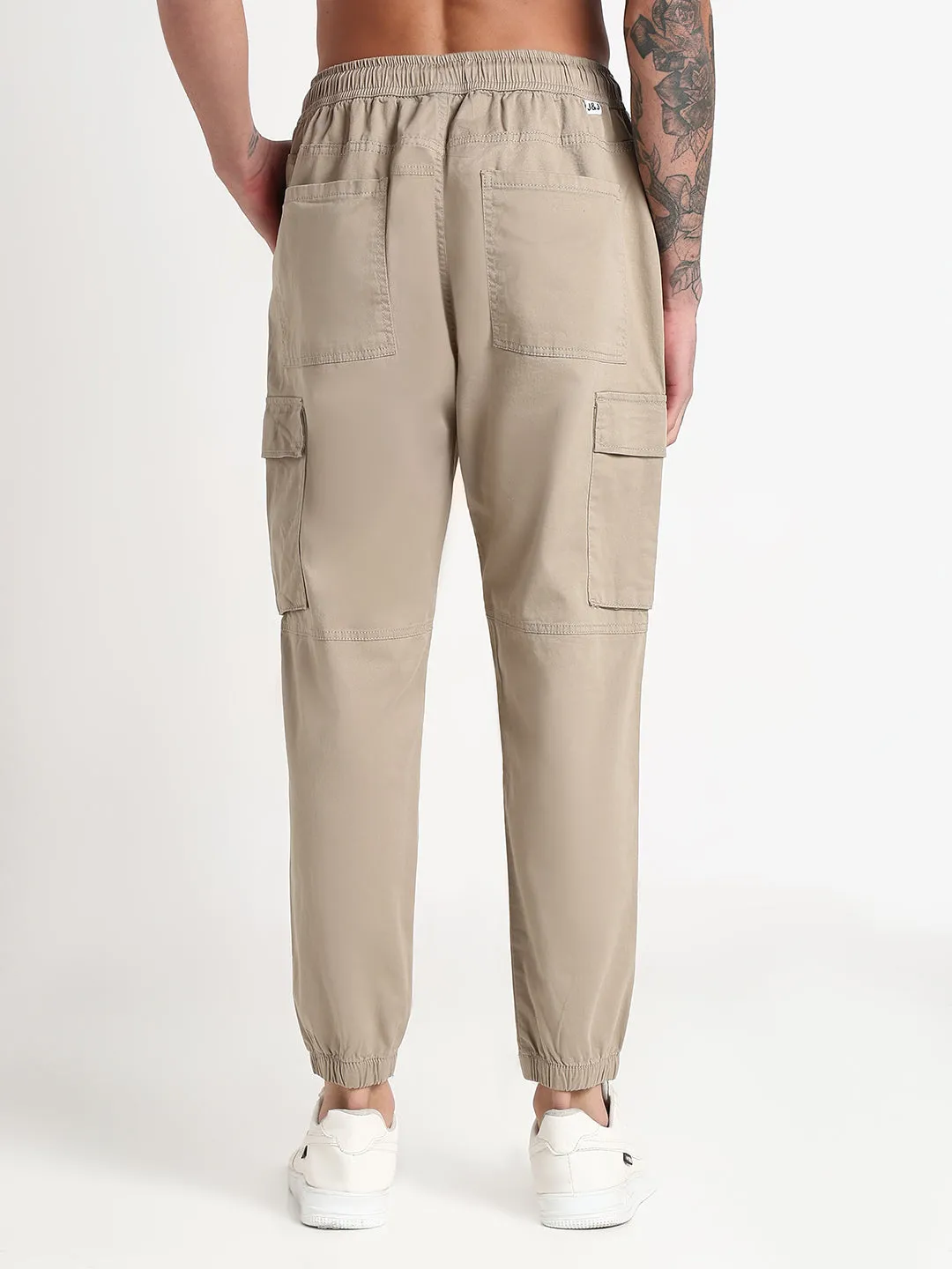 Reflective Trim Options Men's Beige Solid Cargo Joggers