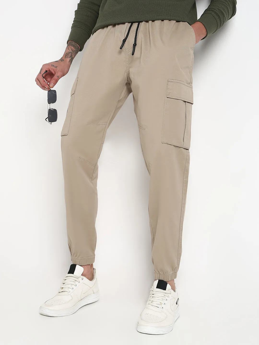 Men's Beige Solid Cargo Joggers Active Utility