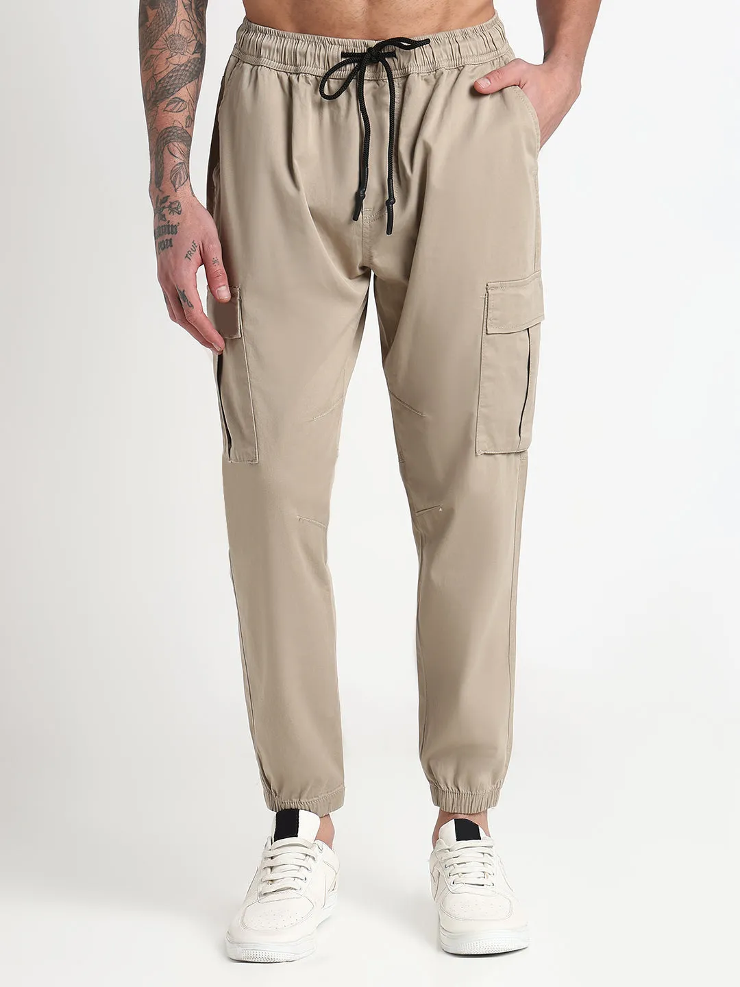 Men's Beige Solid Cargo Joggers Minimalist Look