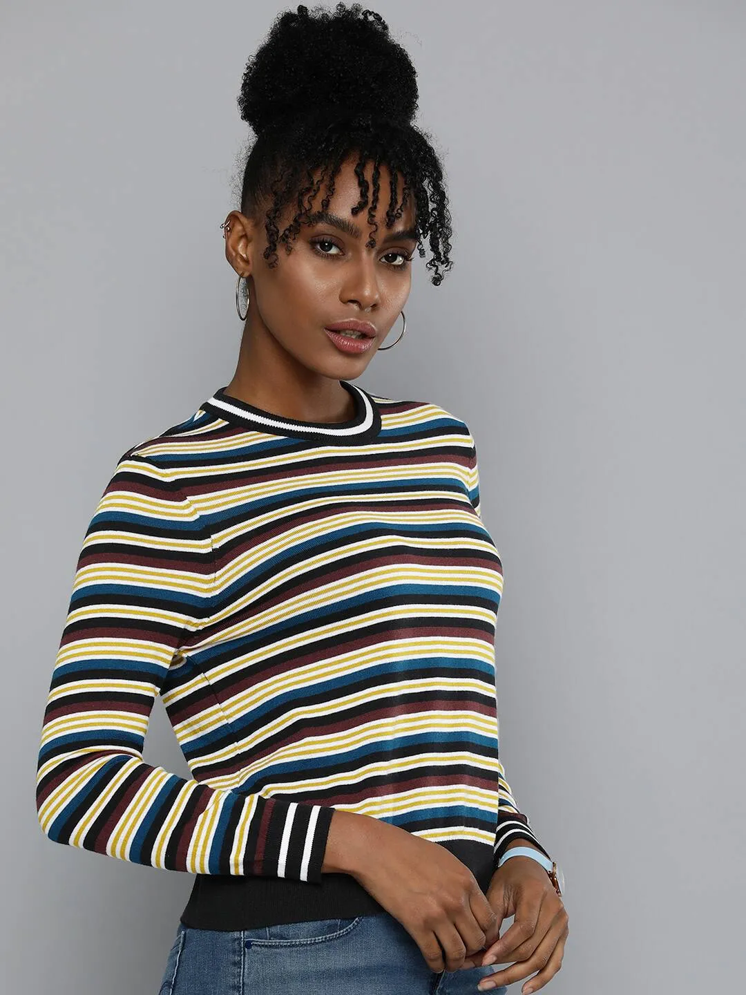 Double Layered Hem Women's Striped Crew Neck Sweater