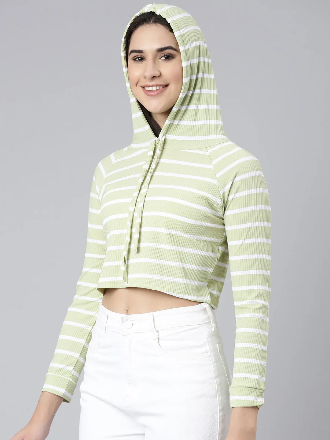 Comfortable Design Women's Olive Striped Hooded Crop Sweatshirt