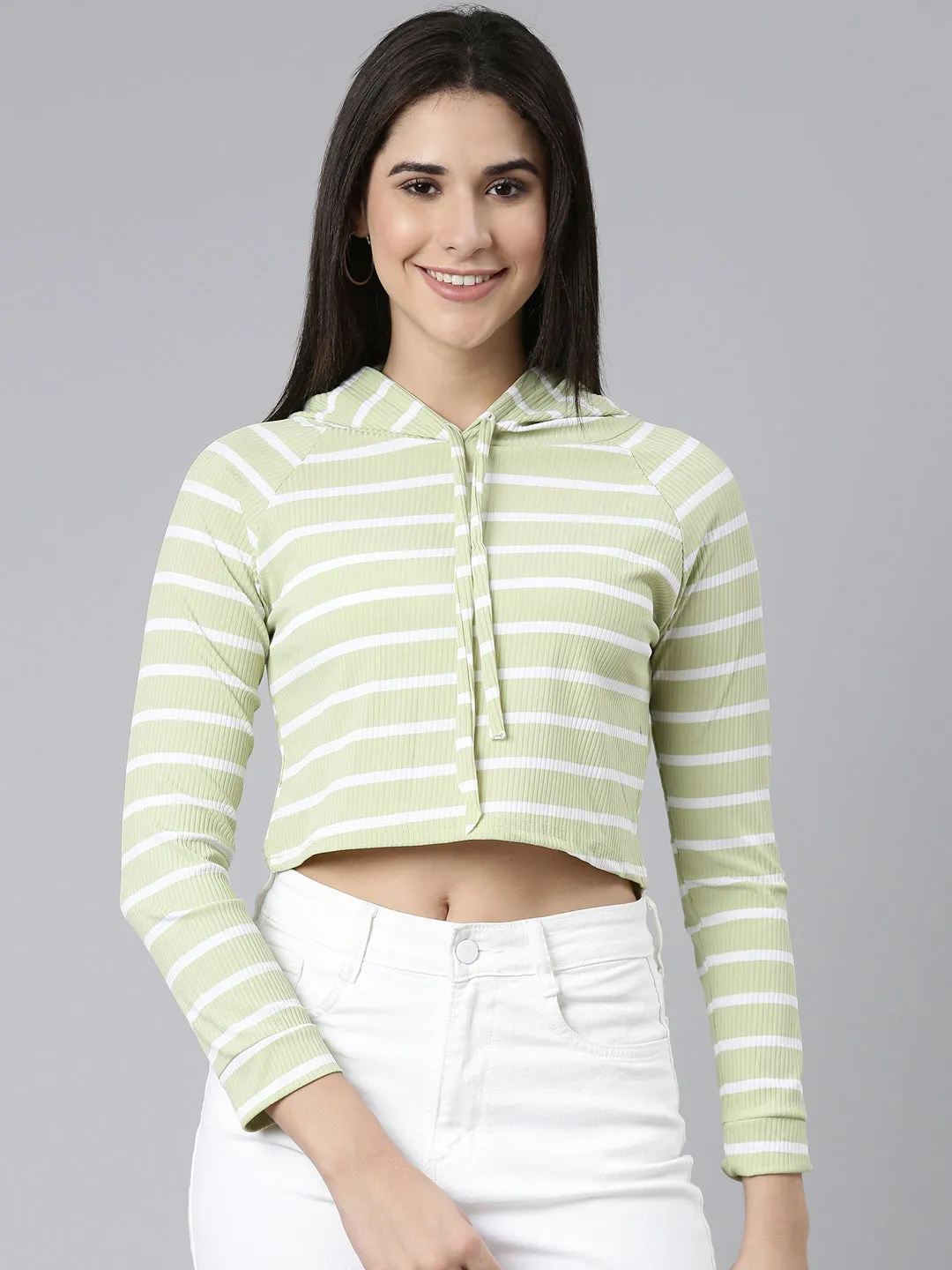 Women's Olive Striped Hooded Crop Sweatshirt Retro Print